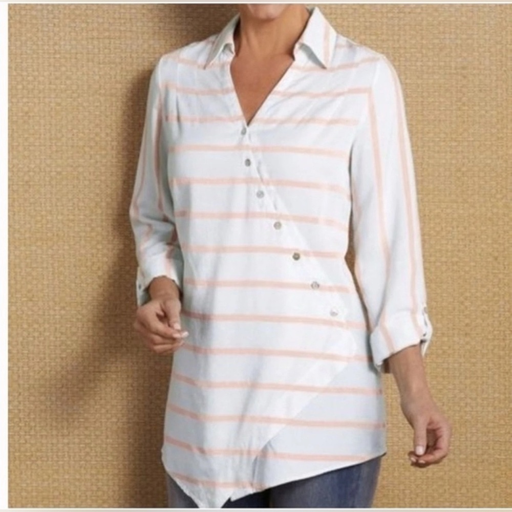 Soft Surroundings Peach Orange White Stripe Cannes Asymmetrical Tunic Sz Large